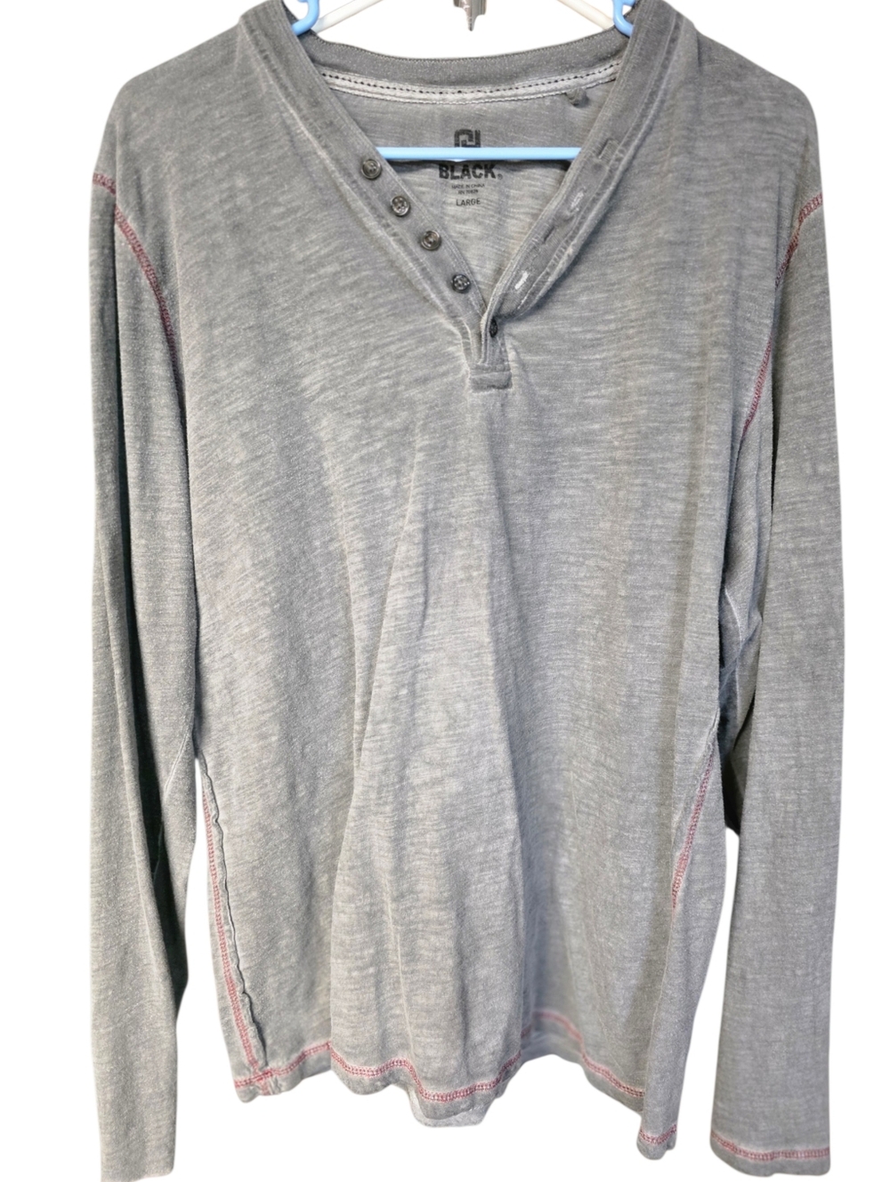 Mens Gray Long-Sleeve Henley with Contrast Stitching Large